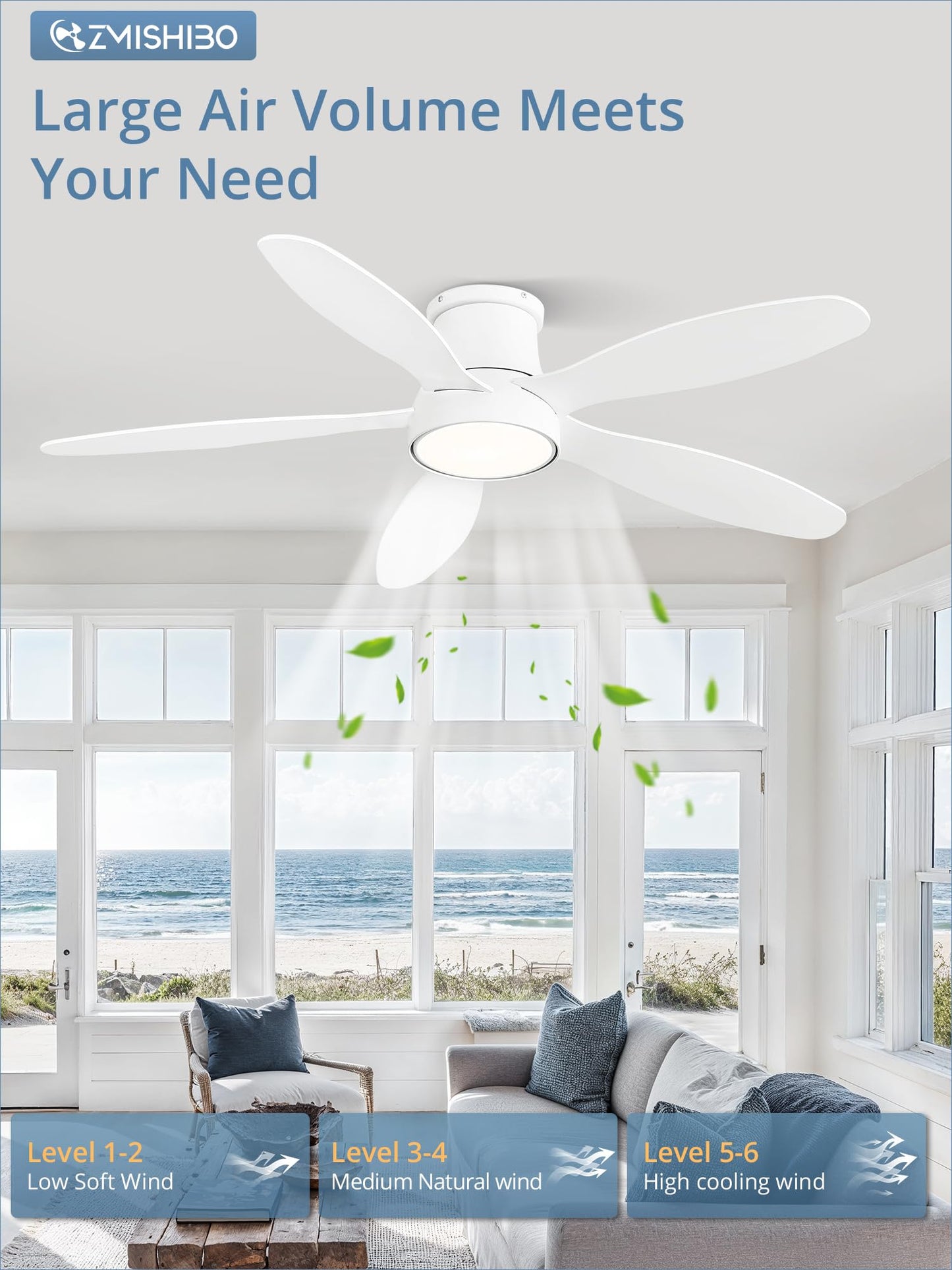 ZMISHIBO 52 Inch Flush Mount Ceiling Fans, Low Profile Ceiling Fan with Light and Remote, Modern LED Ceiling Fan Lighting Fixture for Bedroom, Kitchen, Indoor-White