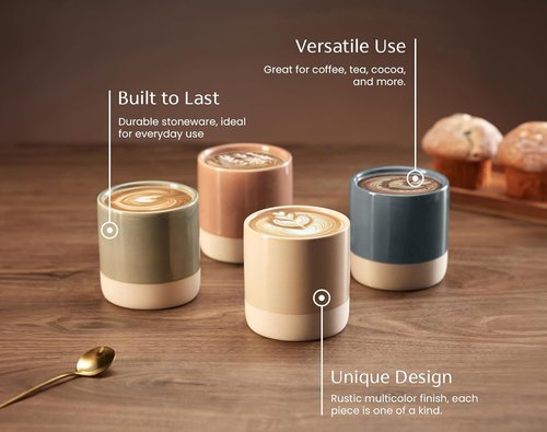 KooK Latte Cups - Artisanal Ceramic Stoneware | No Handle, Microwave & Dishwasher Safe, Multicolor, 10.5 oz Set of 4