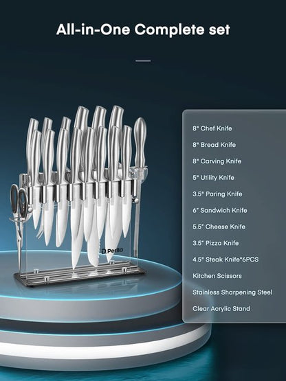 D.Perlla Knife Set, 17 Pieces Kitchen Knife Set with Clear Acrylic Knife Holder, Stainless Steel Super Sharp Chef Knife with Hollow Handle in One Piece Design