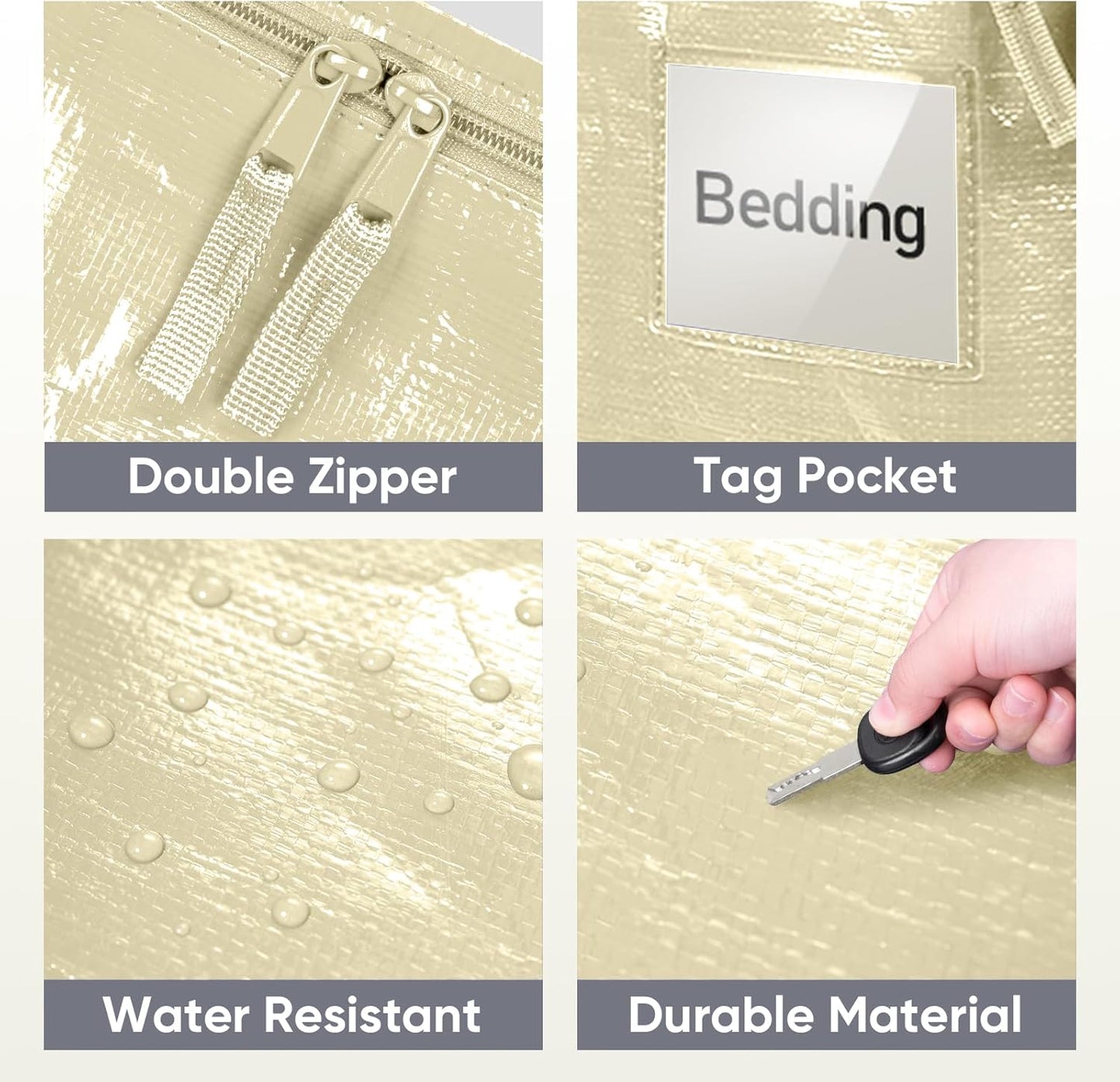 TICONN Extra Large Moving Bags - Heavy Duty Storage with Zippers & Handles | 4 Pack, Cream