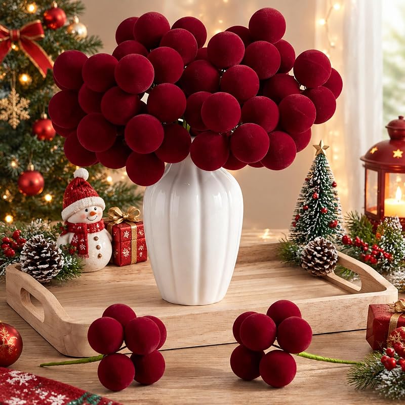 Junkin Burgundy Velvet Christmas Tree Ball Picks, 12 Packs (2-Inch Balls) Variation: Burgundy