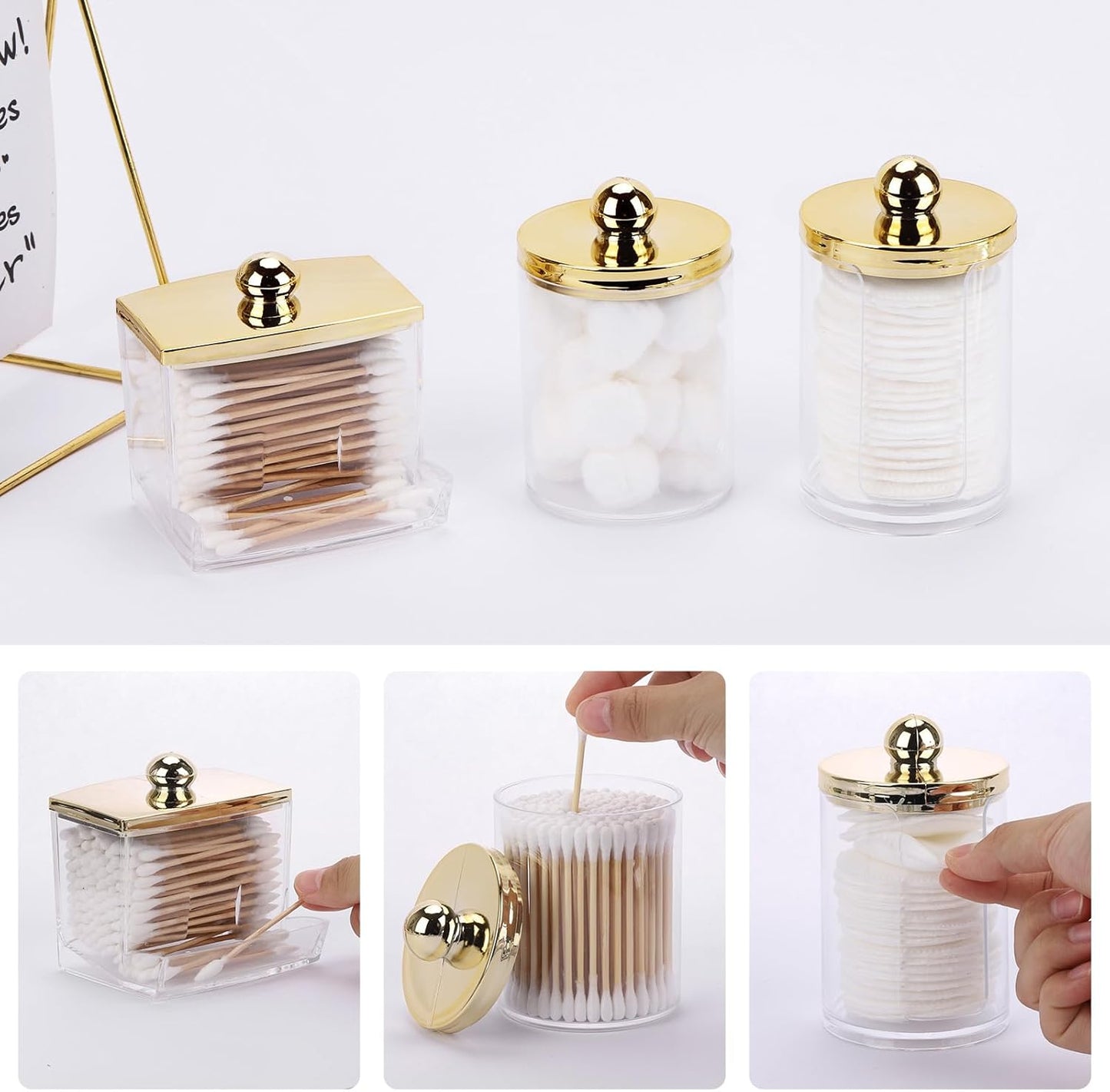 Tbestmax Qtip Dispenser - Elegant Bathroom Organizer with Gold Lids for Cotton Balls & Swabs | 3 Pack
