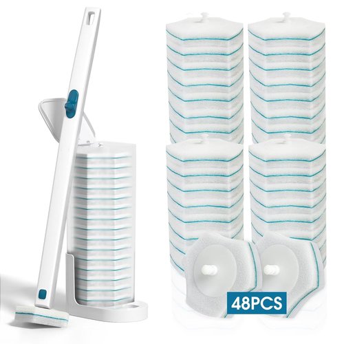Disposable Toilet Brush with 48 PCS Refills, Disposables Toilets Cleaning System with Handle, Storage Caddy and 48Toilet Bowl Refill Heads for Bathroom Cleaning