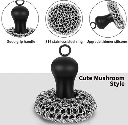 Skiennix Cast Iron Cleaner Scrubber - Upgraded Chain Mail Scrubbing Kit for Pans & Grills