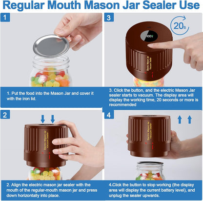 Skiennix Electric Mason Jar Vacuum Sealer Kit - Ideal for Wide & Regular Mouth Jars - Brown