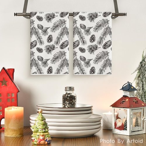 Artoid Mode Kitchen Towels - Brown Pinecone & Pine Branch Design | 18x26 Inch Farmhouse Set of 2