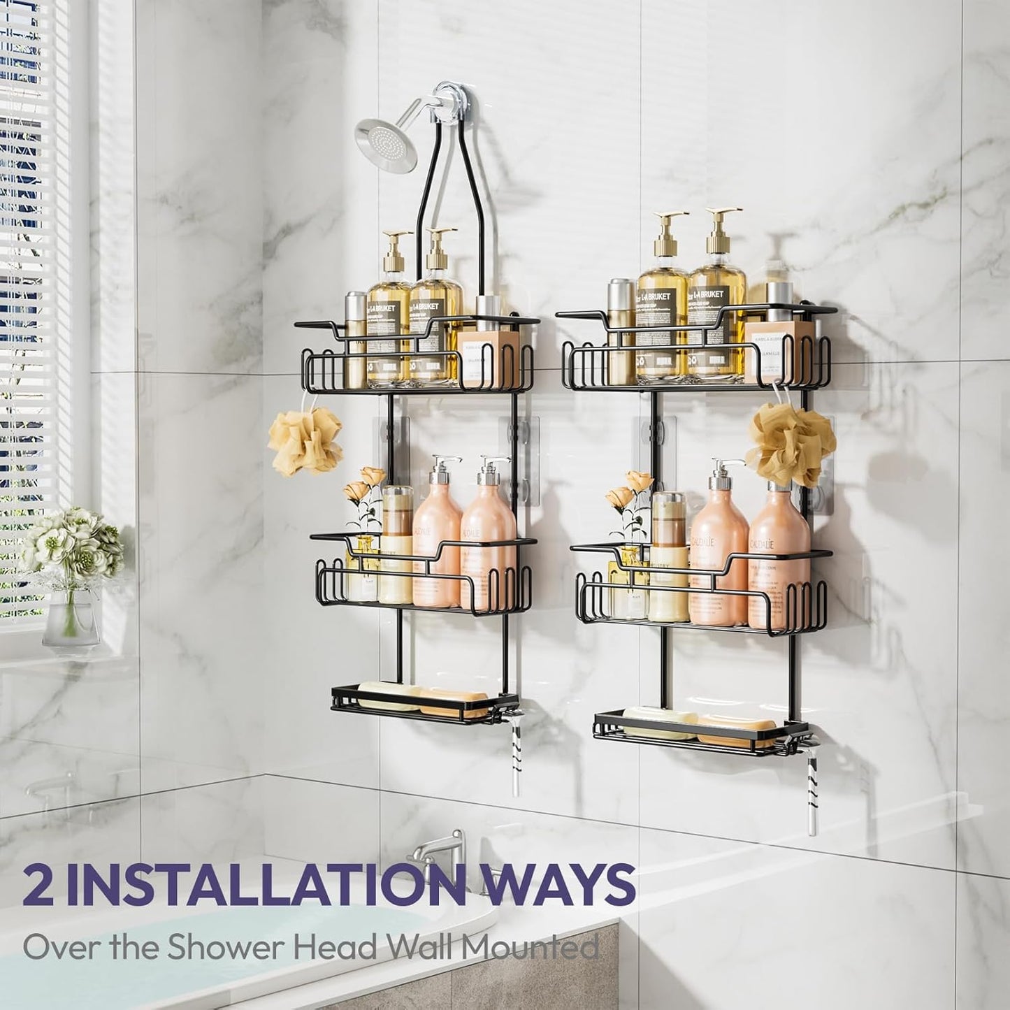 SWTYMIKI Bathroom Shower Caddy - 3-Tier Rustproof Overhead Organizer with 16 Hooks & Soap Holder | Black