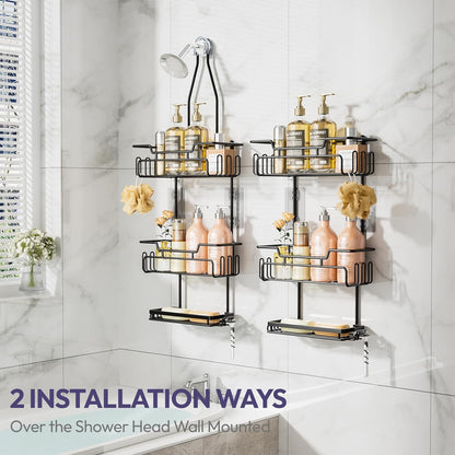 SWTYMIKI Bathroom Shower Caddy - 3-Tier Rustproof Overhead Organizer with 16 Hooks & Soap Holder | Black