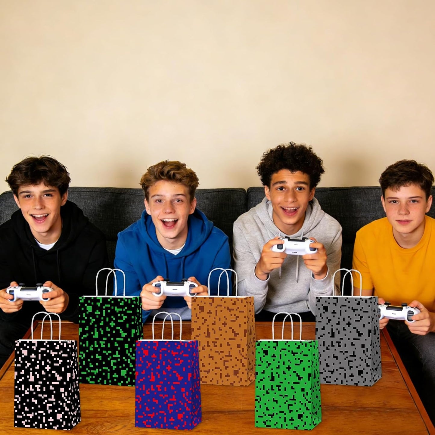 Skiennix Pixel Party Favors Bags - 12 PCS Video Game Themed Treat Bags with Handles for Kids' Birthdays