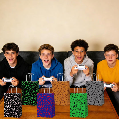 Skiennix Pixel Party Favors Bags - 12 PCS Video Game Themed Treat Bags with Handles for Kids' Birthdays