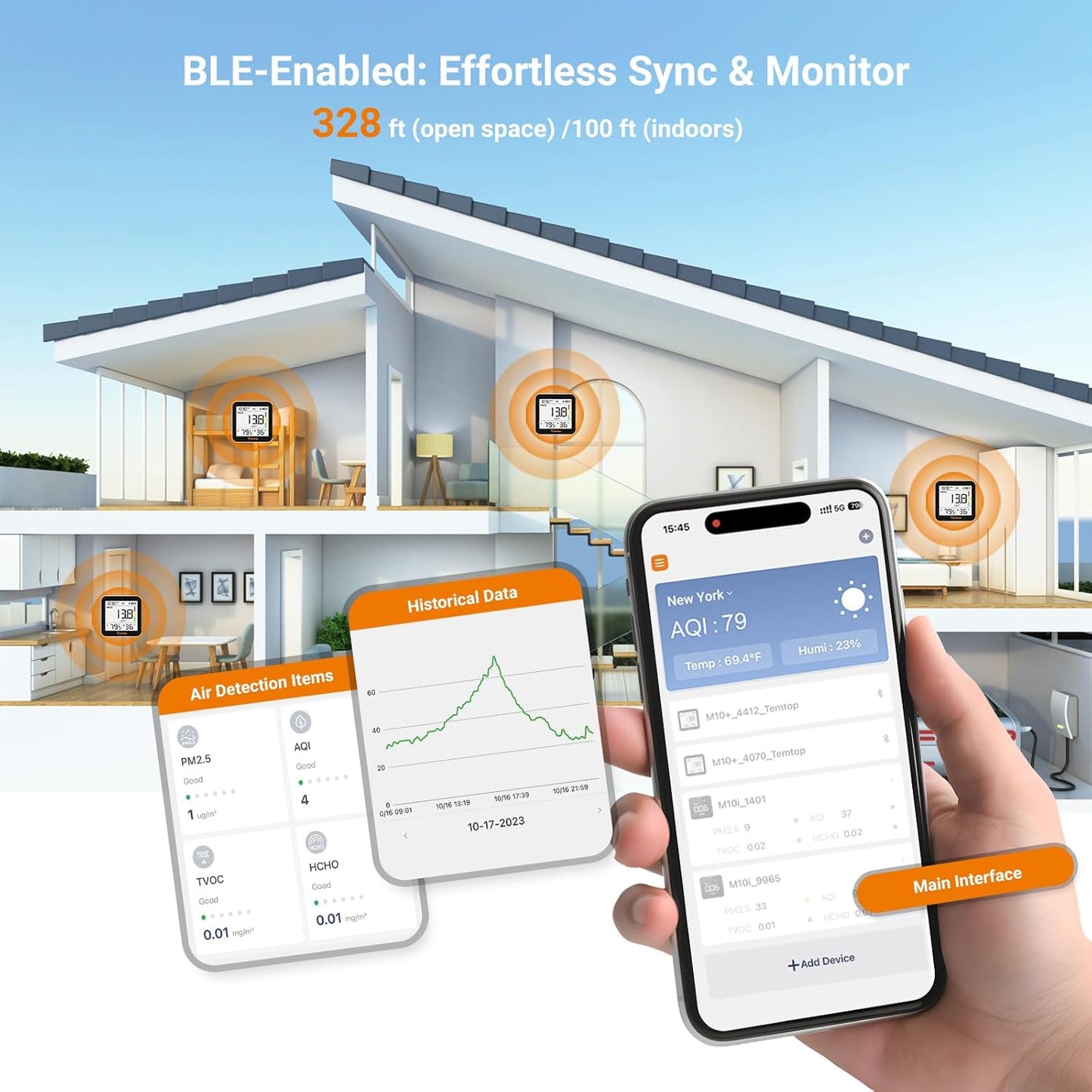Temtop M10+ Indoor Air Quality Monitor - 6-in-1 PM2.5 & VOC Detector with E-Ink Display | Battery Powered, App-Enabled Temperature & Humidity Sensor