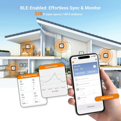 Temtop M10+ Indoor Air Quality Monitor - 6-in-1 PM2.5 & VOC Detector with E-Ink Display | Battery Powered, App-Enabled Temperature & Humidity Sensor
