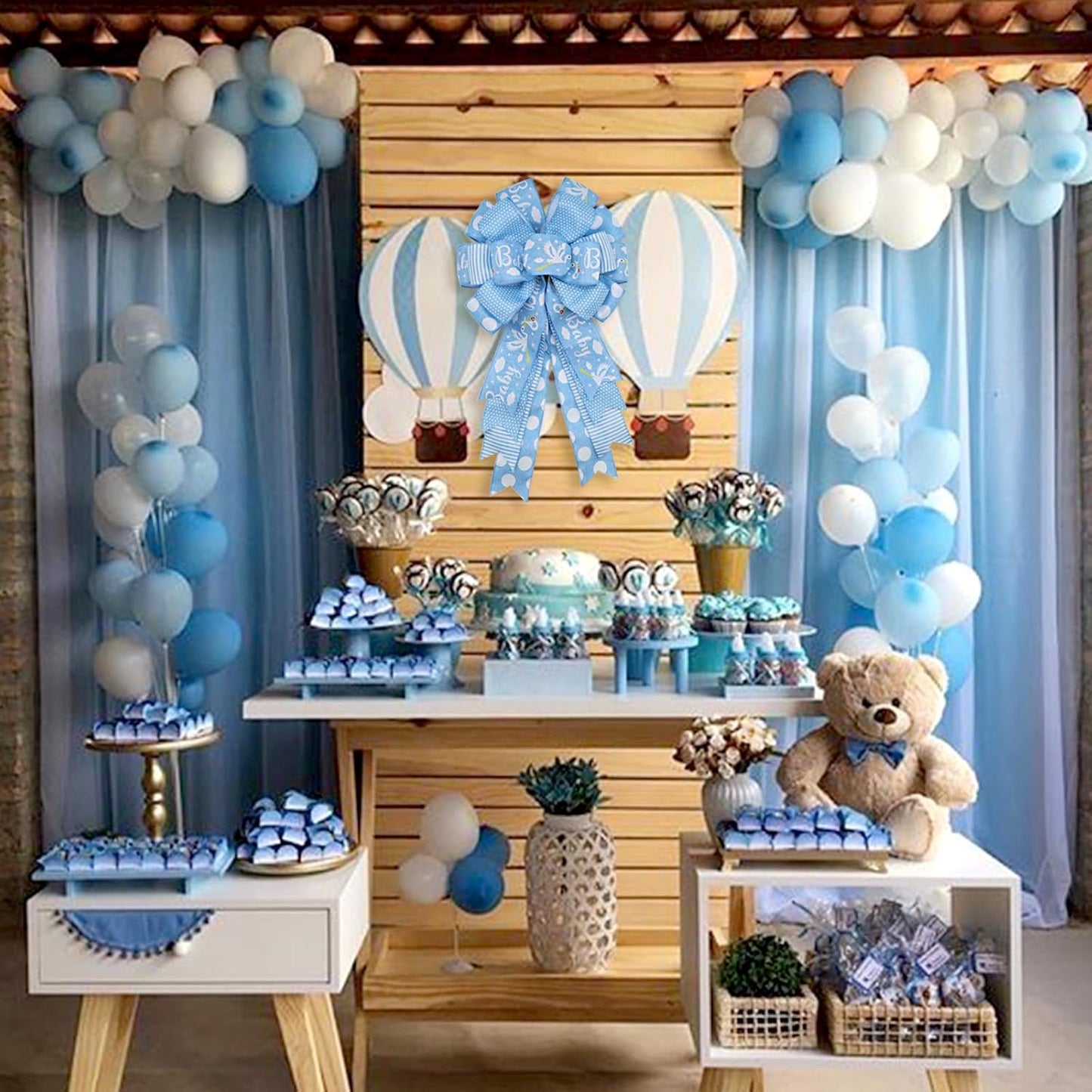 Montekin Large Baby Shower Bows - 20x11 Inch Wired Burlap Wreath Bow for Boys & Girls | Spring Decoration (Blue)