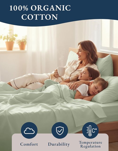 LANE LINEN Organic Cotton Queen Sheet Set - Soft & Breathable 4-Piece Bed Set in Mineral
