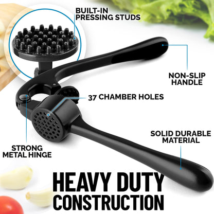 Zulay Kitchen Premium Garlic Press Set - Rust Proof & Dishwasher Safe Professional Garlic Mincer Tool - Easy-Squeeze, Easy-Clean with Soft, Ergonomic Handle - Silicone Garlic Peeler & Brush (Black)