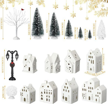 Cindeer 26-Piece Ceramic Christmas Village Set - 8 LED Houses & 16 Trees | Elegant Tabletop Decor