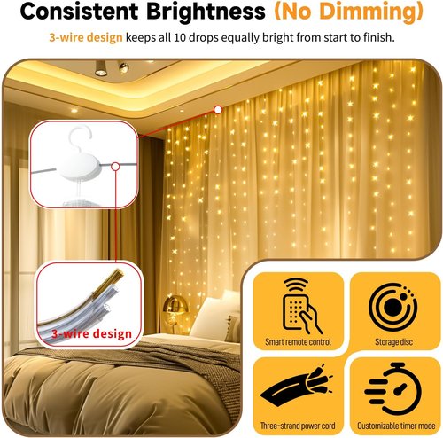 HXWEIYE 300LED Curtain Lights - 9.8x9.8Ft USB Fairy Twinkle String Lights with Remote & Timer | Warm White Decor
