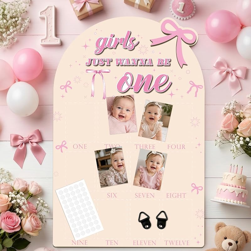 Pink Bow 12 Month Photo Board Set – Wooden 23.4 x 15.4 in Monthly Milestone Display (Variation: Pink Bow+23.4" x 15.4")