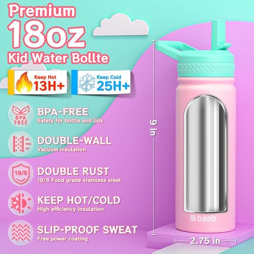 Baab 18oz Insulated Kids Water Bottle - Leakproof Stainless Steel with Straw & Stickers | Pink