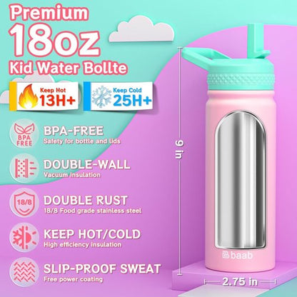 Baab Insulated Kids Water Bottle - 18oz Stainless Steel Straw Cup with Stickers | Pink & Purple, 2 Pack