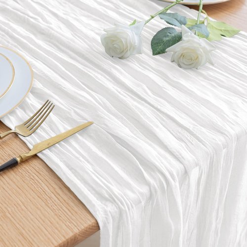 Asee'm Cheesecloth Table Runner - 120 Inches Long Ivory Boho Gauze for Weddings & Events