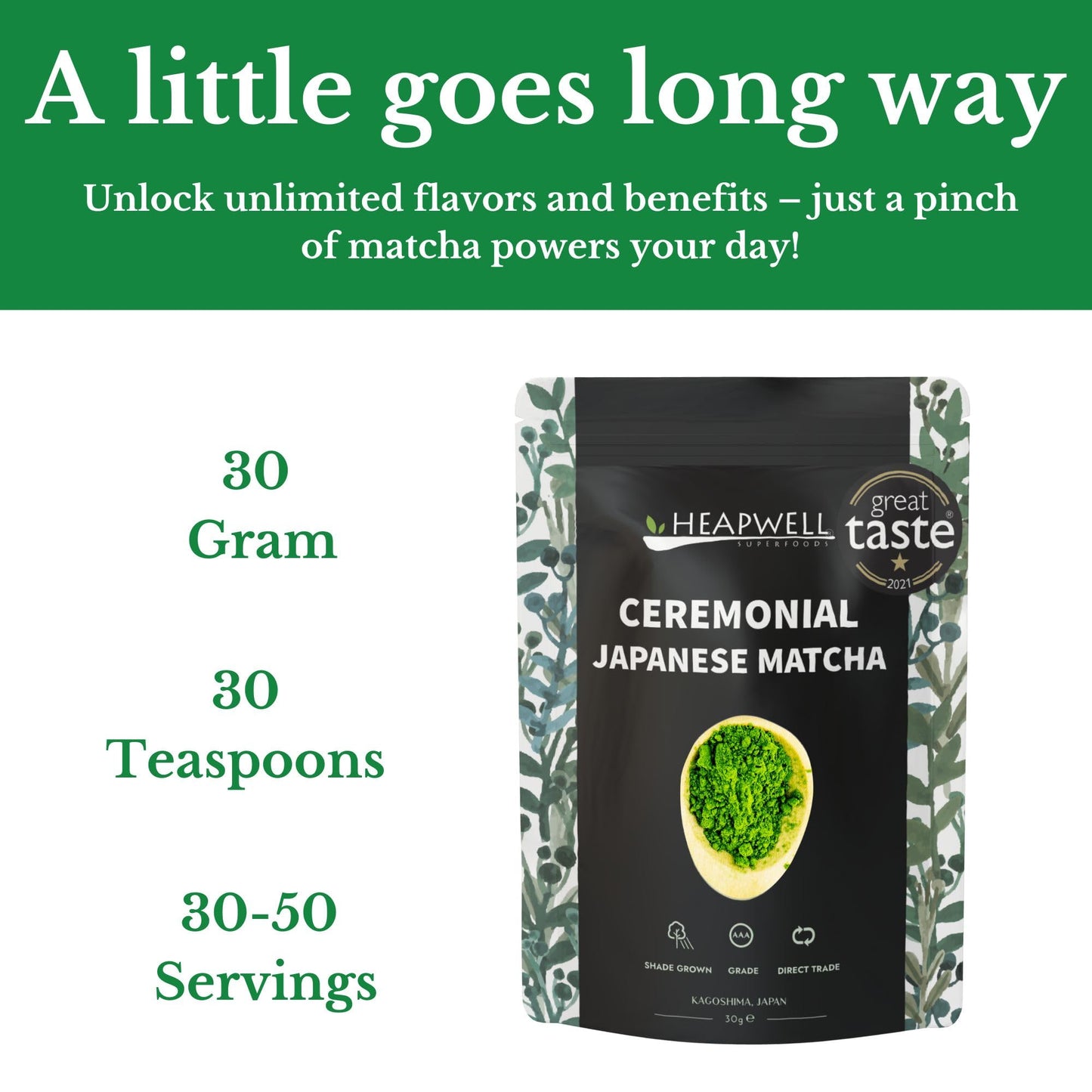 Heapwell Superfoods Japanese Single Origin Ceremonial Matcha Green Tea, 30g (1.06 oz) - Award-Winning 1-Star Great Taste 2021, Kagoshima Sourced