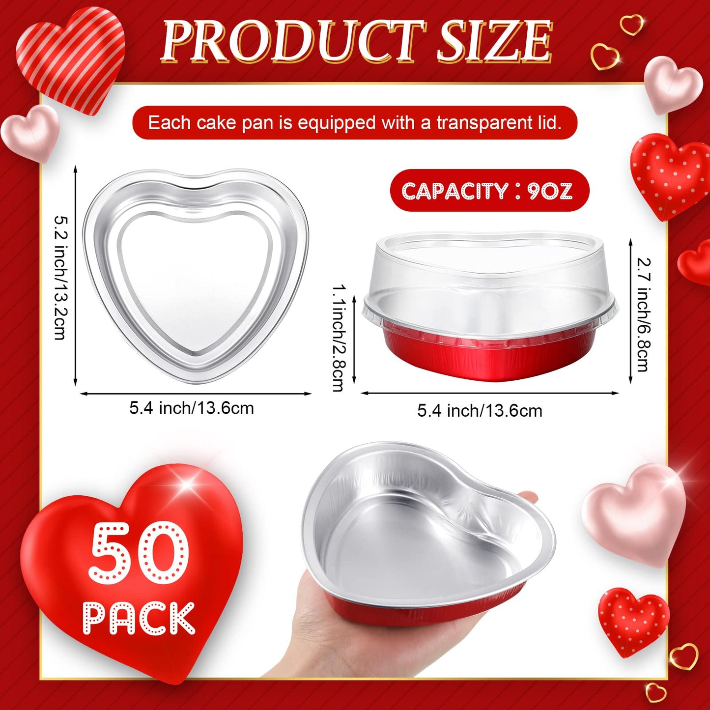 Yinkin 50 Set 9 oz Mother's Day Heart Shaped Cake Pans 5.4 Inch Heart Aluminum Foil Cupcake Pans with Lids Disposable Dessert Baking Cups Pans for Mother Valentine Wedding Birthday Muffin Pie(Red)