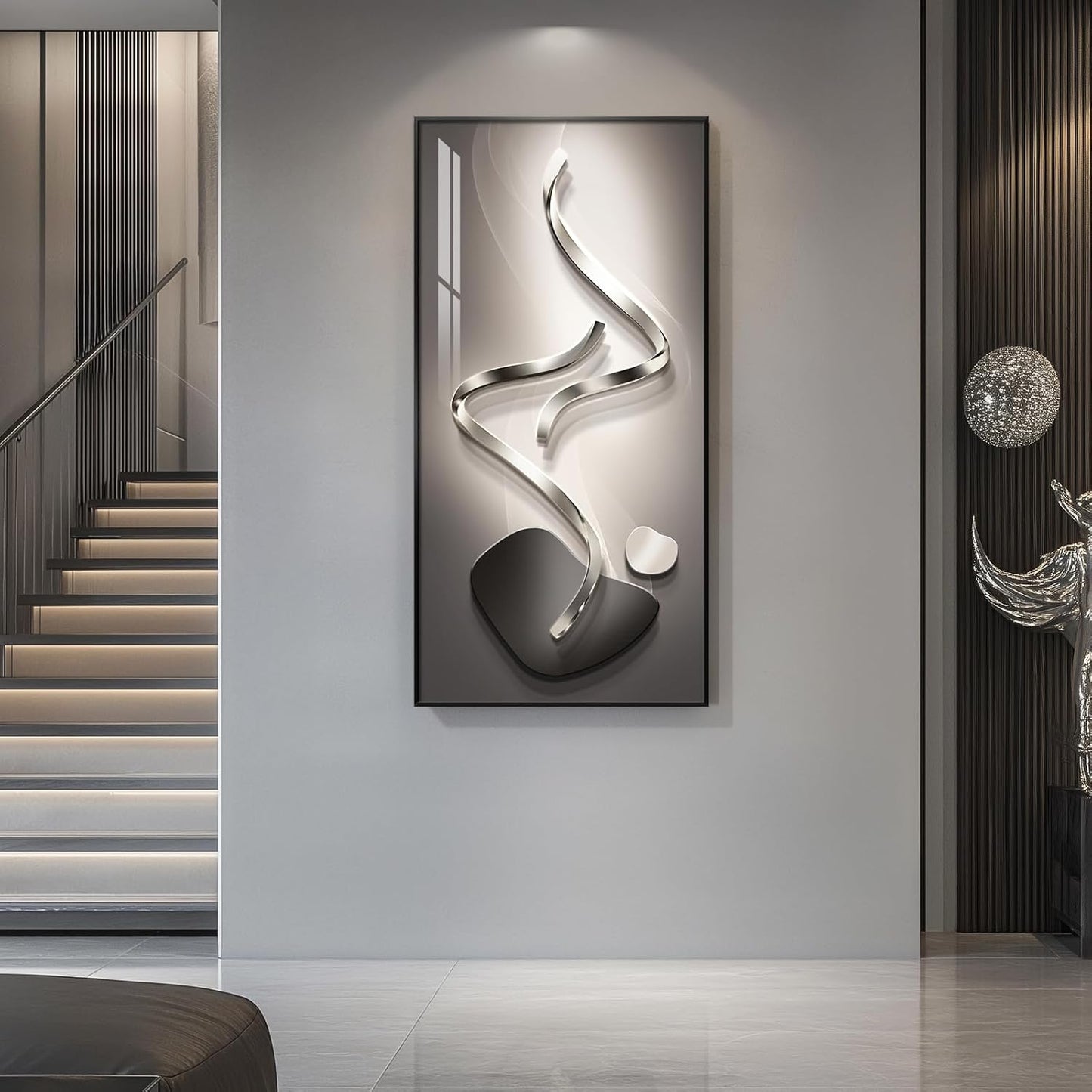 Modern Abstract Wall Art by [Brand Name] - Large 30x60 Inch Black & Grey Framed Prints for Living Room Decor