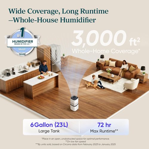 LEVOIT 6000S Smart Evaporative Humidifier - 23L Capacity, 72-Hour Run Time, Premium Filter, Sleep Mode