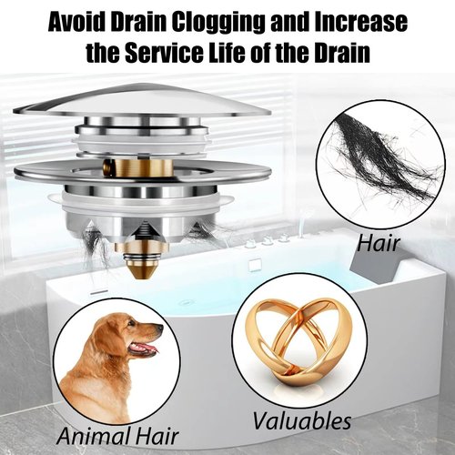 Anlige Bathtub Drain Stopper, Pop Up Tub Stopper and Cover, Bottom with Hair Catcher, Universal for 1.45 to 1.8 in Drain, Replaces Old Drain Plug, Chrome Silver