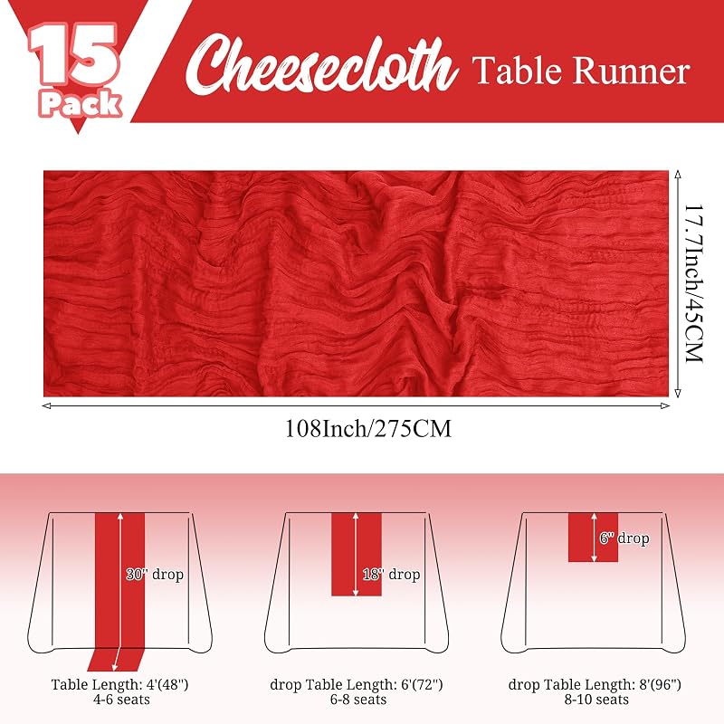 15 Pack Red Cheesecloth Table Runner 17 x 108 in - Rustic Wedding Party Decor (Variation: Red+15 Pack)
