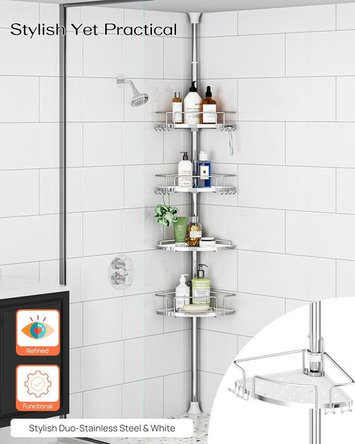 ALLZONE Corner Shower Caddy - Rustproof Tension Pole with 4 Baskets & Extra Hooks | Fits 34–116 Inch, Silver/White