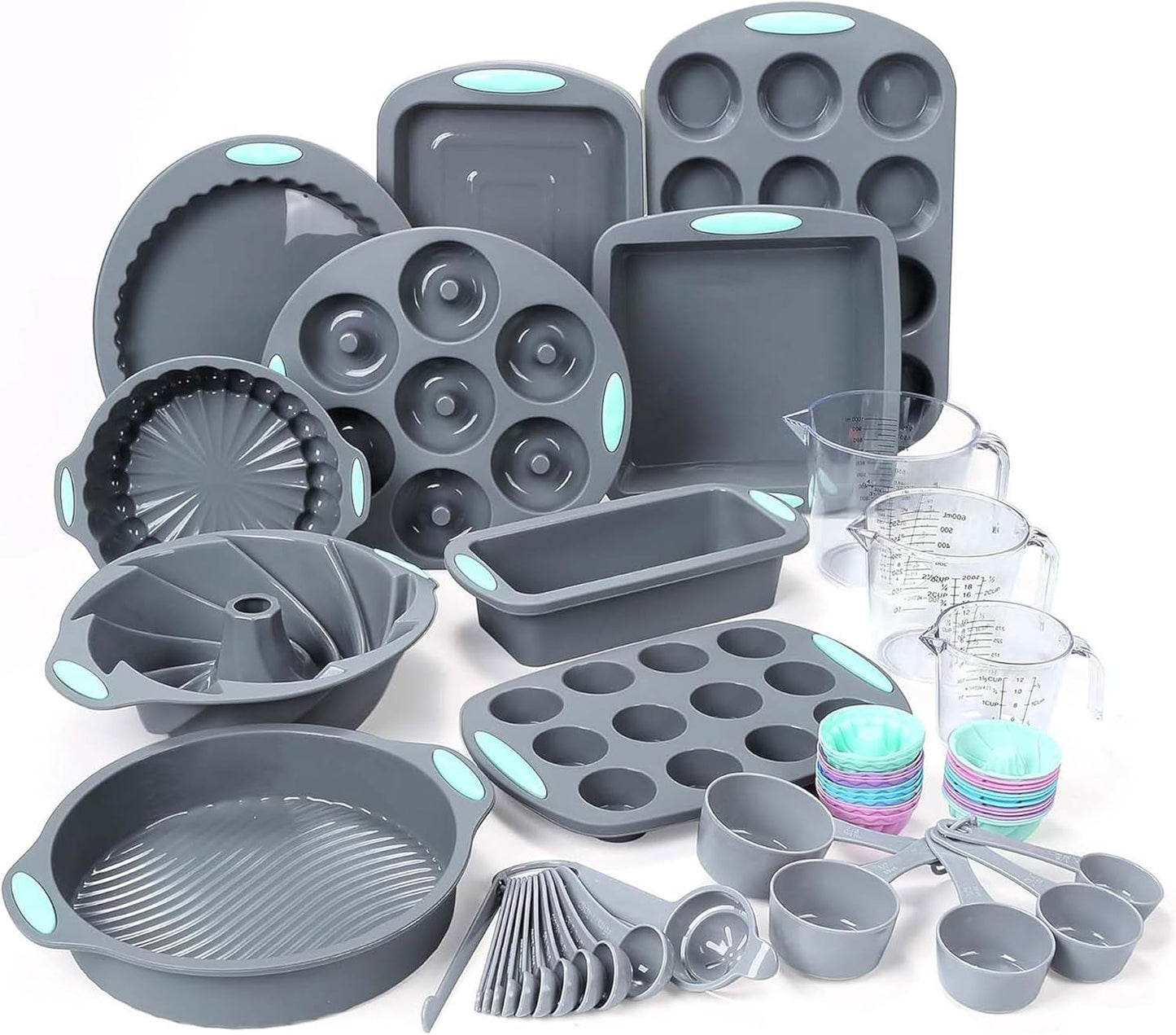 Tongjude Silicone Baking Pans Set - 54 Non-Stick Cake Molds, Loaf & Muffin Pans with Measuring Cups | Grey