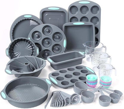 Tongjude Silicone Baking Pans Set - 54 Non-Stick Cake Molds, Loaf & Muffin Pans with Measuring Cups | Grey