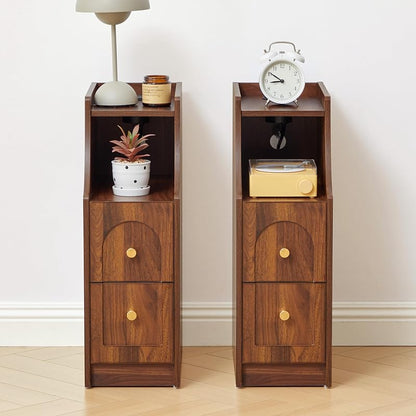 Ultra Narrow Nightstand Set of 2 with Charging Station — Walnut 2 Packs, 2 Drawers & Open Shelf