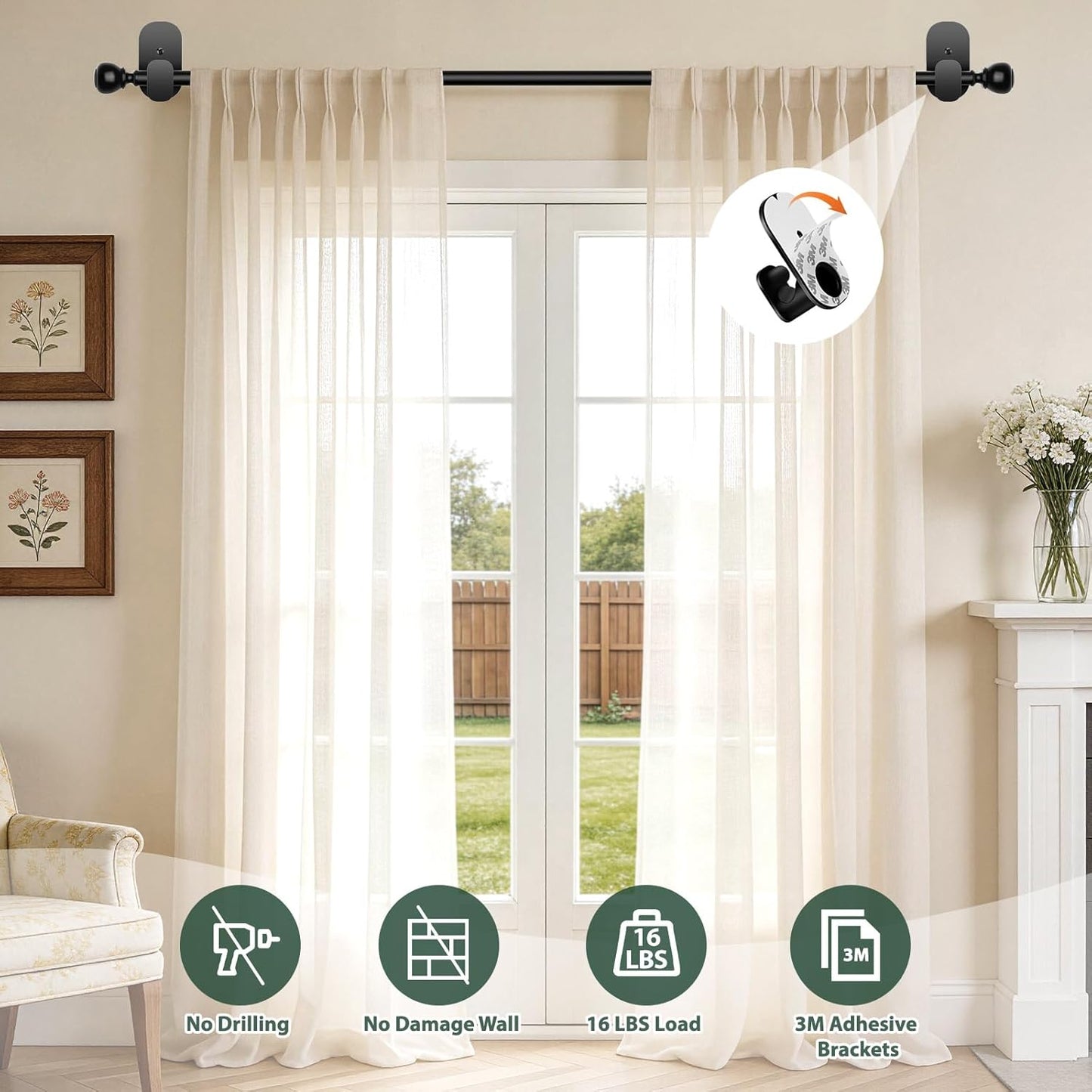 USFOOK No Drill Curtain Rods - 48 to 84 Inches | 5/8 Inch Adhesive Drapery Rods with Round Finials