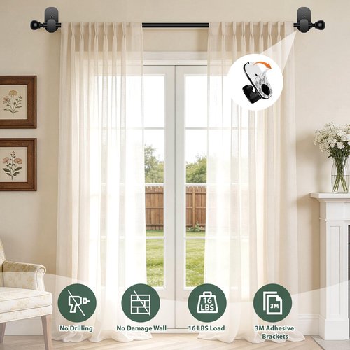 Black No Drill Curtain Rods for Windows 48 to 84 Inches, USFOOK 5/8 Inch Curtain Rods No Drilling with 3M Adhesive Holders, Adhesive Drapery Rod with Round Finials