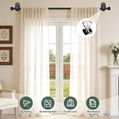 Black No Drill Curtain Rods for Windows 48 to 84 Inches, USFOOK 5/8 Inch Curtain Rods No Drilling with 3M Adhesive Holders, Adhesive Drapery Rod with Round Finials