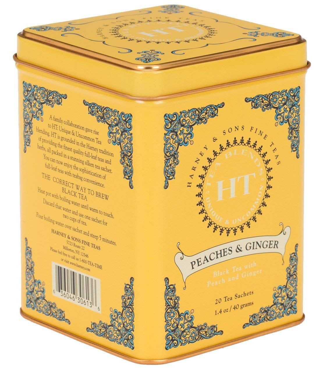 Harney & Son's Teabags, Peaches & Ginger Black Tea, 2 Pack, 20 Sachets Each, Caffeinated, Sweet & Fruity Flavors, 1.4 oz Tin