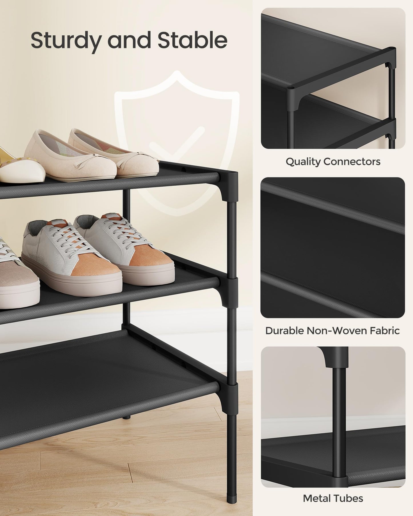 SONGMICS Shoe Rack, 3-Tier Shoe Storage Organizer, Space-Saving, 11.7 x 24.5 x 21 Inches, Entryway, Metal Frame, Non-Woven Fabric Shelves, Ink Black ULSH023BH01