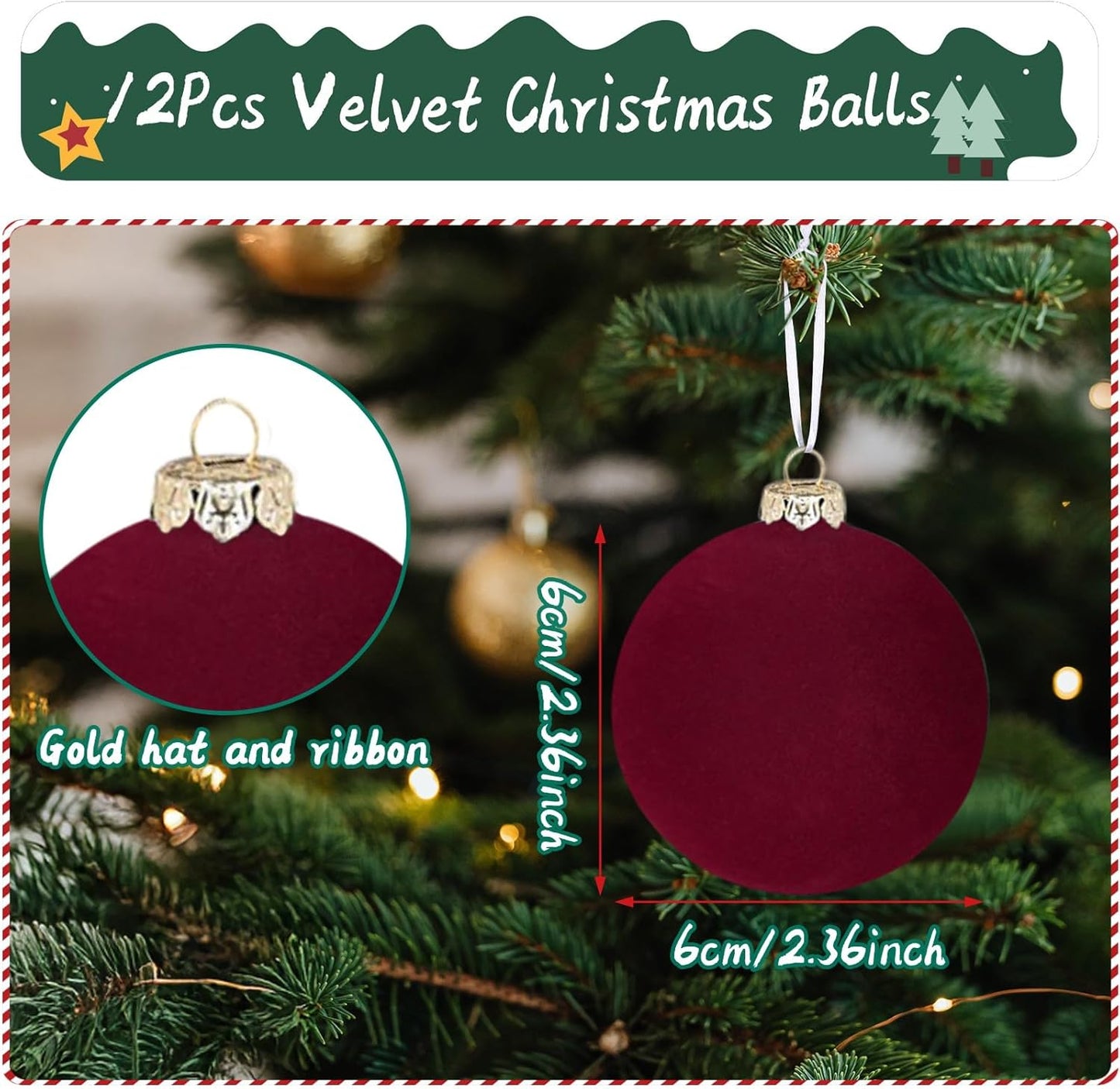Skiennix 12PCS Velvet Christmas Tree Ornaments - Shatterproof 2.4-Inch Burgundy Balls for Holiday Decor