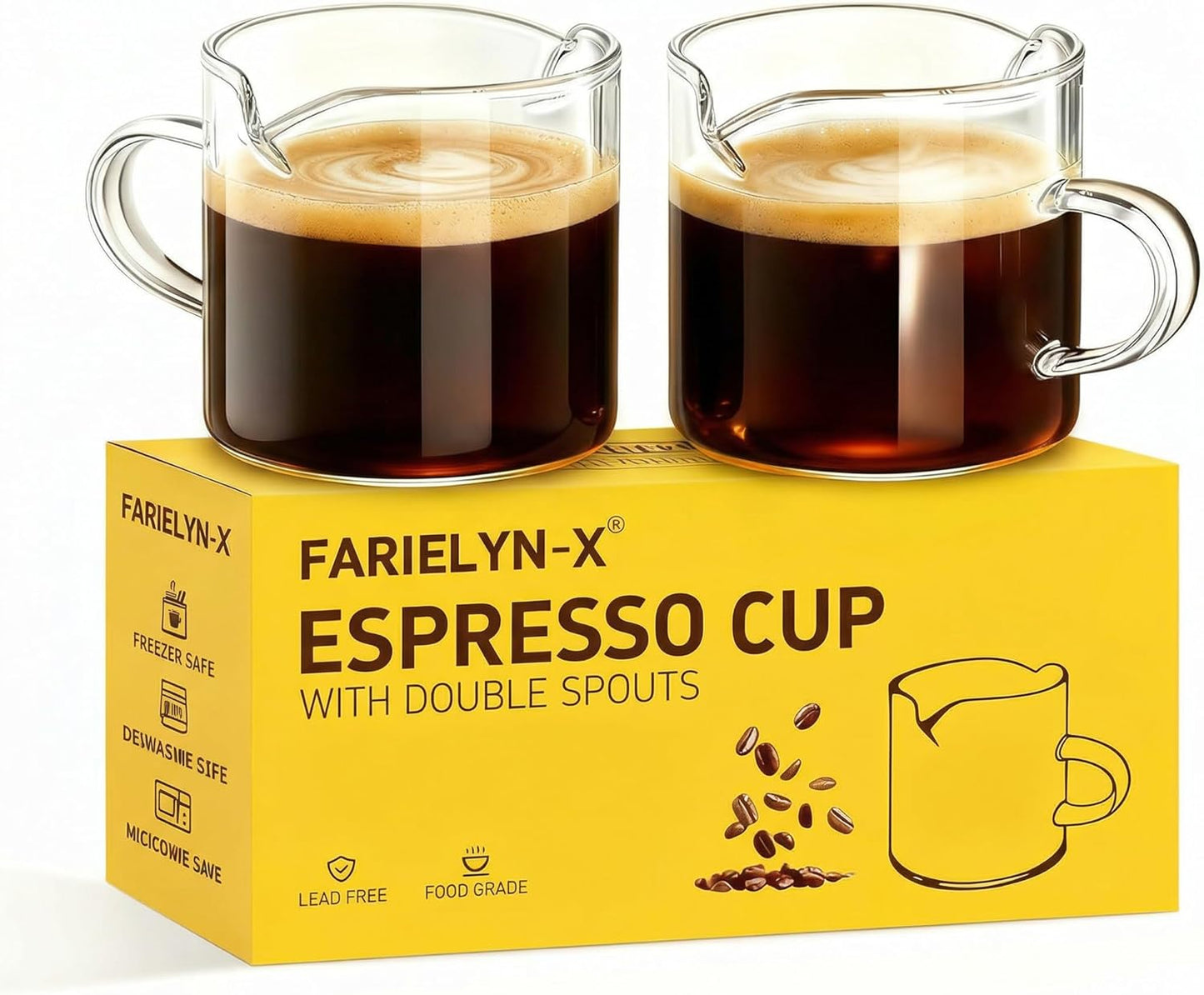 Skiennix Espresso Cups Set - 5 Oz Double Spout Shot Glasses with Handle | Clear Glass Coffee Accessories