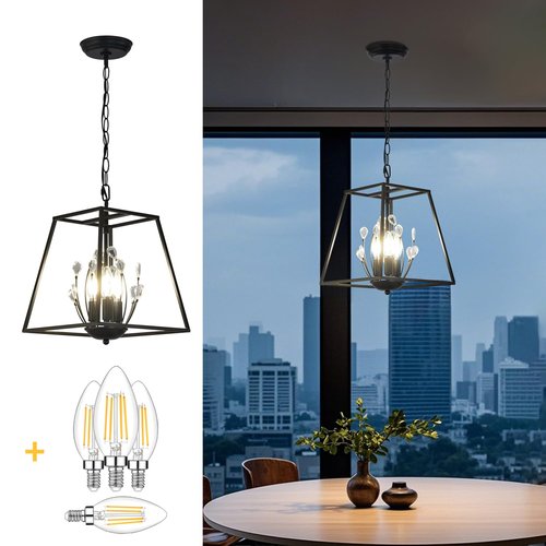Chandelier Crystal Pendant Light Black Lantern Light Fixtures with Farmhouse Metal Cage Adjustable Height Rustic Geometric Hanging Light E12 Base for Kitchen Island LED Bulbs Includes