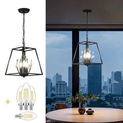 Chandelier Crystal Pendant Light Black Lantern Light Fixtures with Farmhouse Metal Cage Adjustable Height Rustic Geometric Hanging Light E12 Base for Kitchen Island LED Bulbs Includes