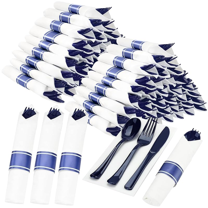 200 Pc Blue Pre-Rolled Plastic Cutlery Set - 200 Forks, Knives, Spoons + Napkins (Variation: 200PC+Blue)