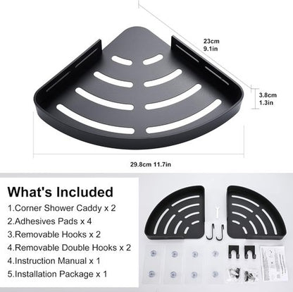 DUFU Adhesive Corner Shower Caddy - No Drill Rust Proof Aluminum Organizer | 2 Pack Black