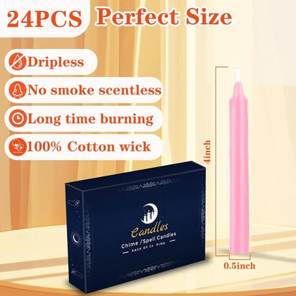 Kunrsug 24 Pack Pink Spell Chime Candles - Premium Mini Unscented Taper Candles for Rituals & Meditation | 4 Inch Tall, Perfect for Altar & Spells