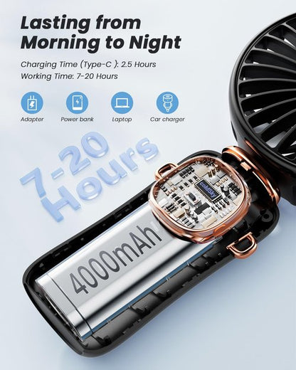 coldSky Portable Handheld Fan - 3-in-1 Multifunctional Travel Fan with 4000mAh Battery | Black, 5 Speed Settings