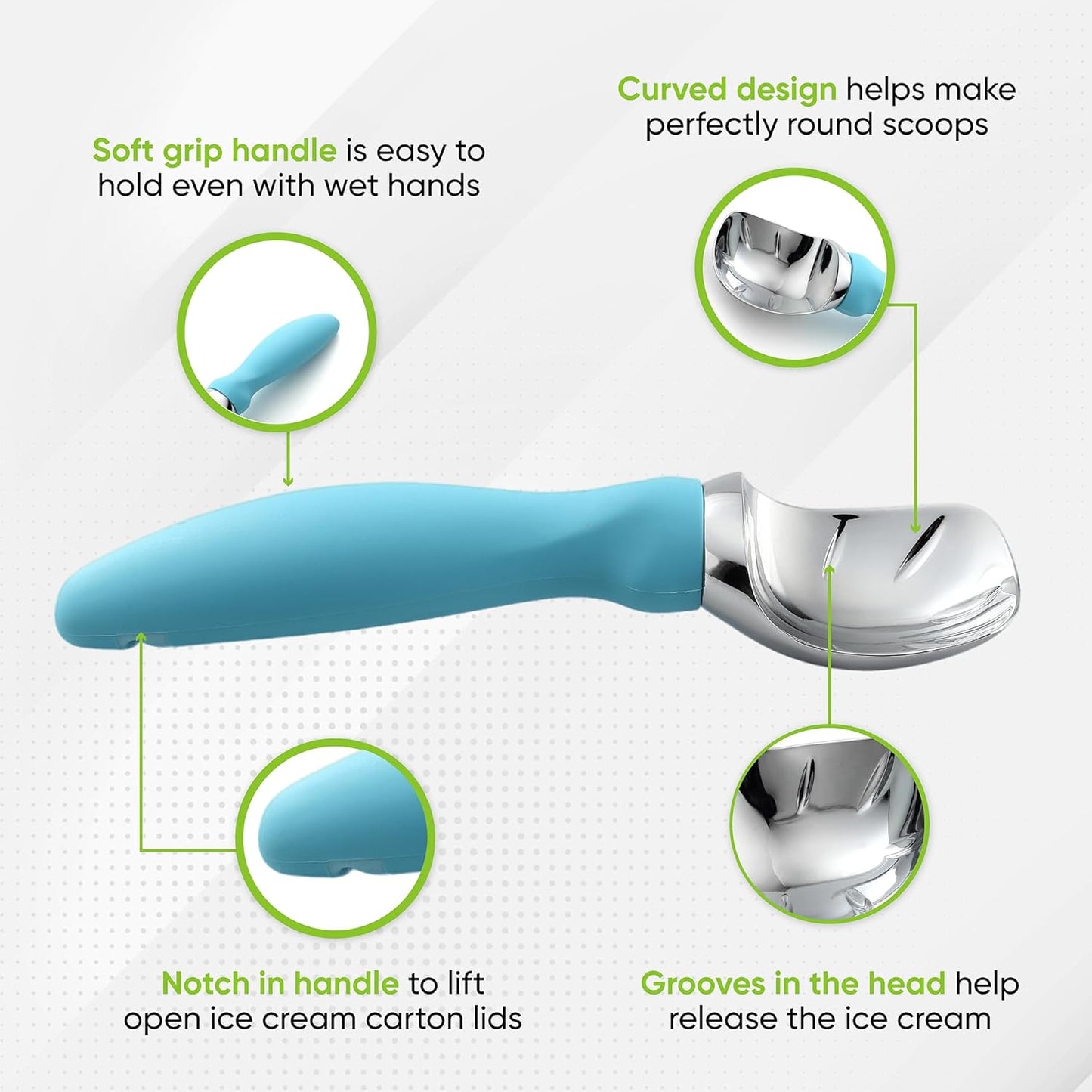 Spring Chef Heavy Duty Ice Cream Scoops - Soft Grip Handle, Dishwasher Safe - 2 Pack - Aqua Sky