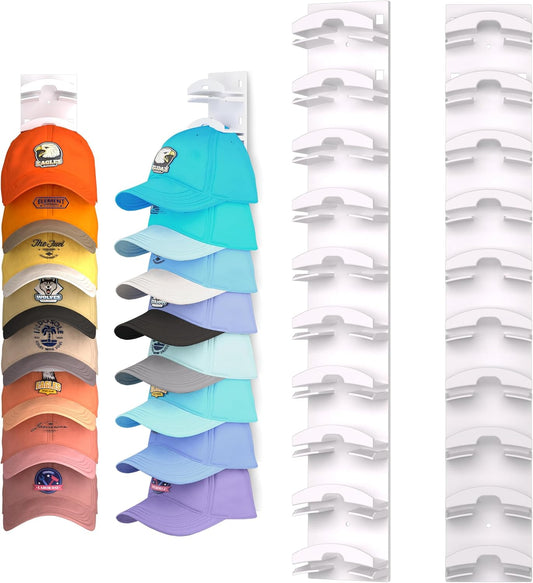 Skiennix Hat Organizer - Wall-Mounted Rack for 20 Baseball Caps | Strong Adhesive, Multi-Layer Storage (White)
